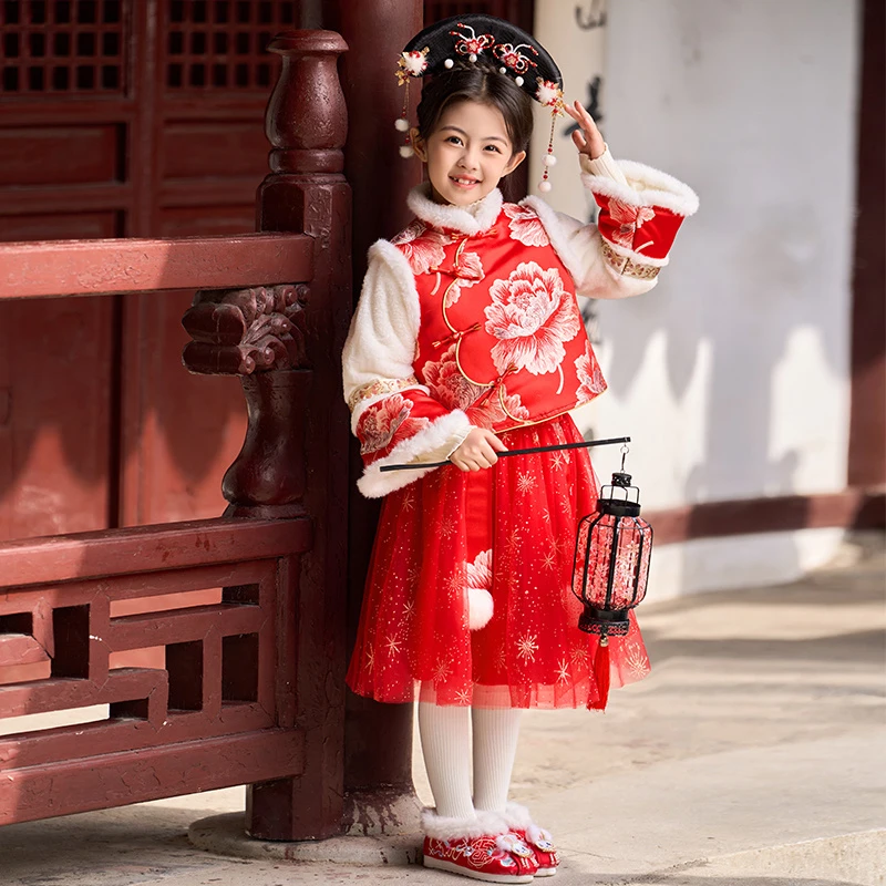 【工厂店】女童冬季时尚洋气刺绣古风红色年款拜年服套装裙2501