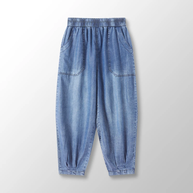 518#2025夏季文艺复古做旧磨白牛仔中裤松紧腰贴布拼接八分裤洋气