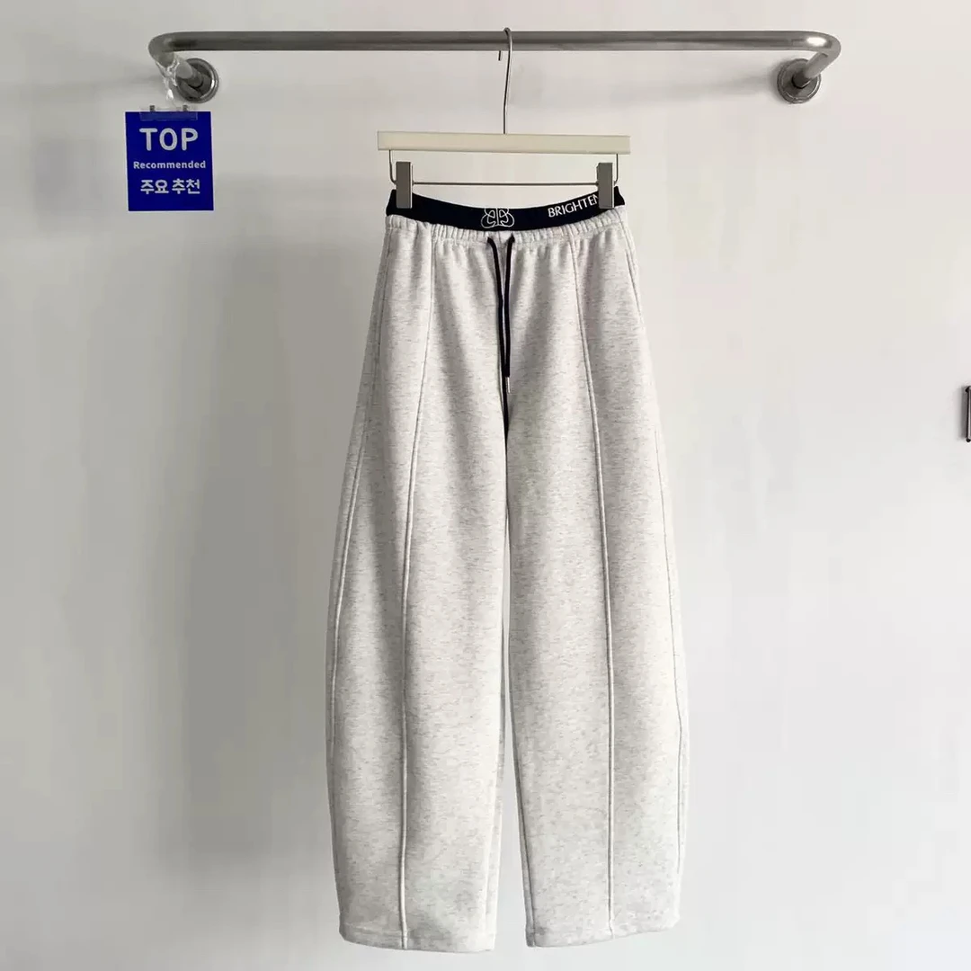 冬季加绒加厚弯刀裤保暖宽松松紧腰刺绣休闲百搭阔腿裤女外穿