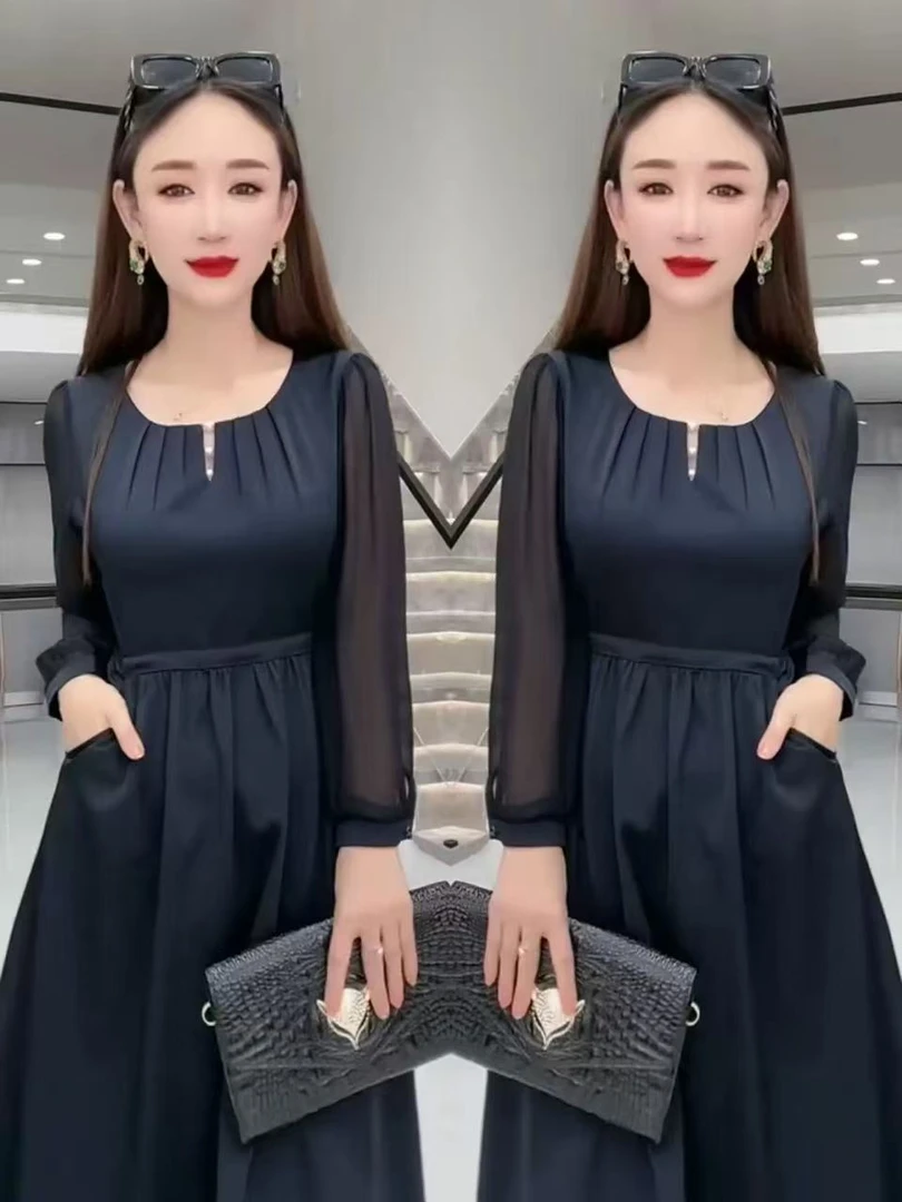 【Q515】秋装新款气质轻熟风连衣裙女洋气收腰显瘦中长款纱袖裙子潮