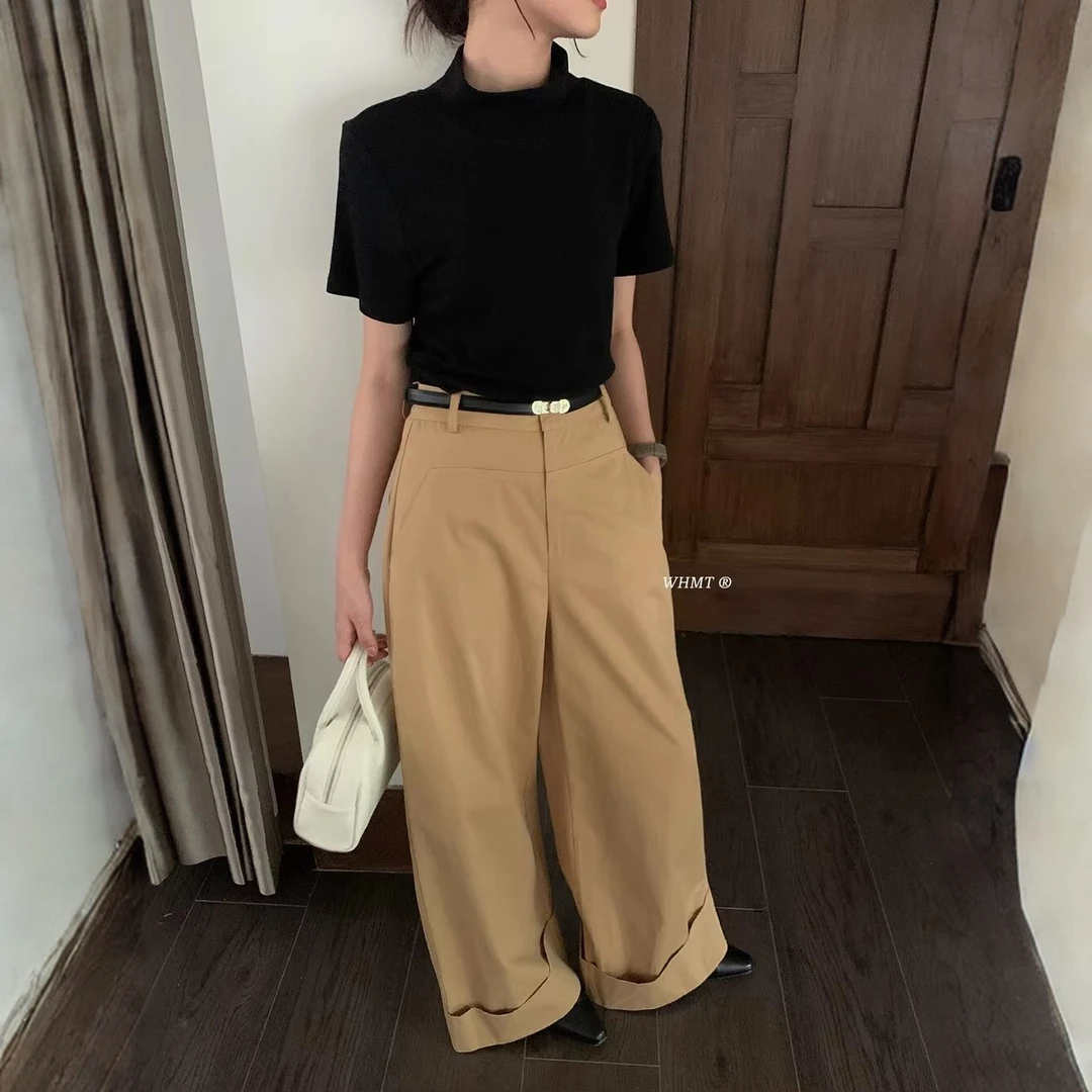 新款2025早秋极简松弛感气质卷边直筒阔腿休闲裤(配腰带)