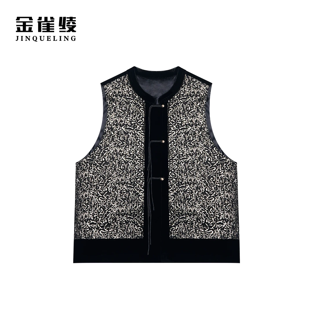 金雀绫【黑金闪耀】100桑蚕丝丝绒新中式时尚百搭款马夹SZ1T13