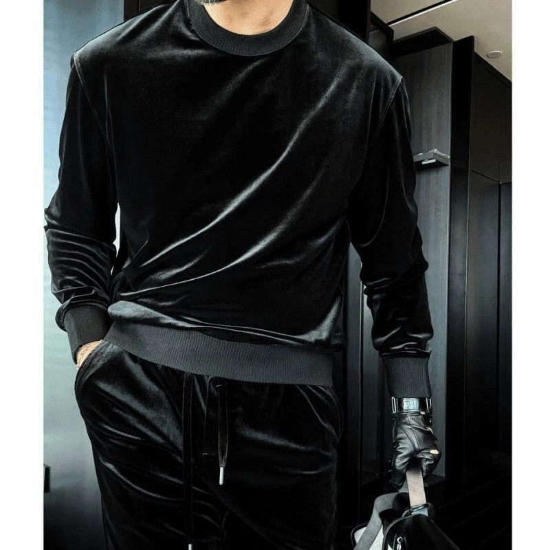 高端时尚金丝绒圆领套头长袖卫衣休闲运动长裤套装男士潮流两件套