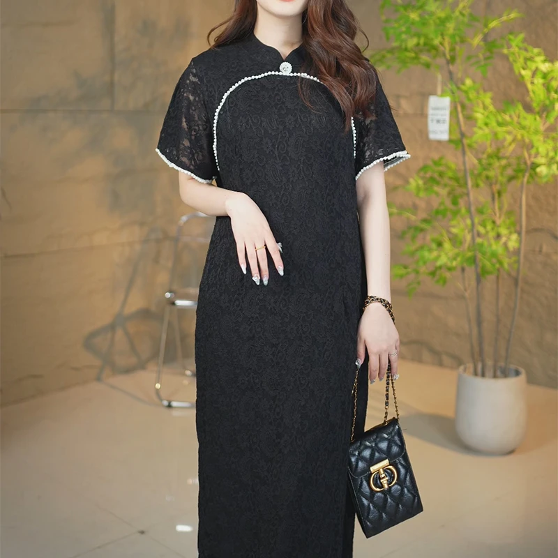 显瘦中长款蕾丝复古如意襟双襟立领低开衩中国风旗袍连衣裙
