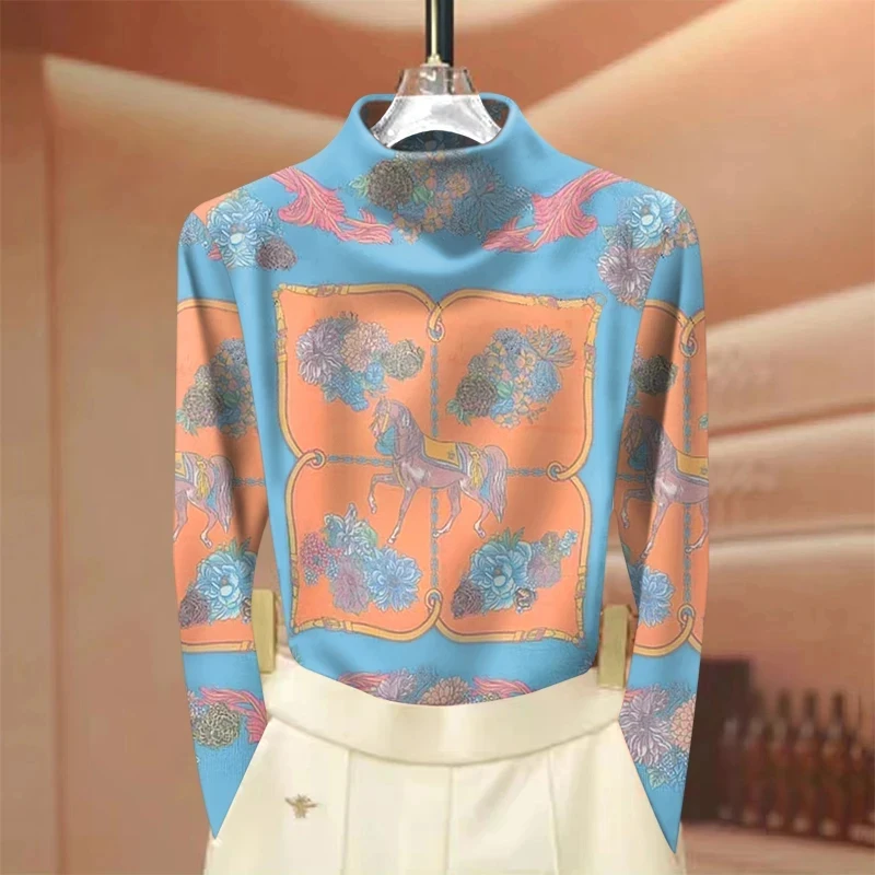 2025秋季女半高领长袖打底衫遮肚显瘦百搭洋气印花T恤女上衣潮