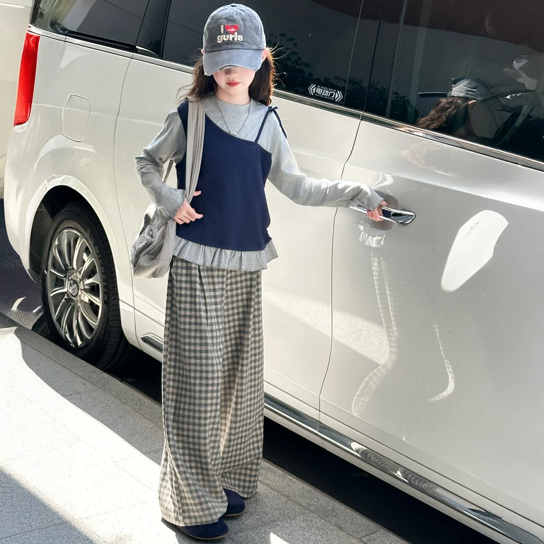 秋季韩系设计感套装女童2025新款大童春秋假两件长袖T恤格子裤潮7