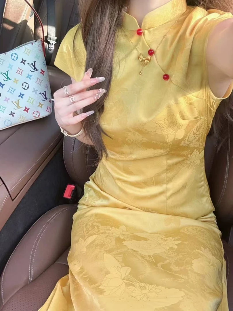 2025夏装女时尚立领蝴蝶提花气质修身旗袍连衣裙