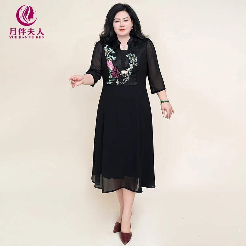 月伴夫人 2025夏季新款大码国风网纱袖子贴花收腰中式连衣裙3766
