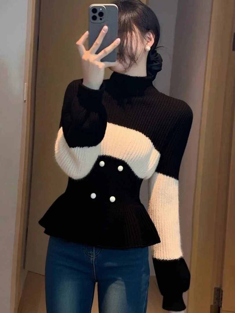 优雅chic黑白撞色高领荷叶边长袖毛衣针织衫女秋冬款休闲软糯小衫