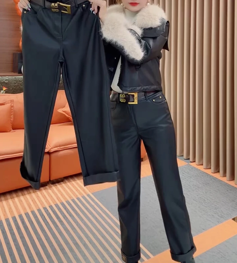 显瘦百搭高腰直筒水洗PU皮秋冬款裤子