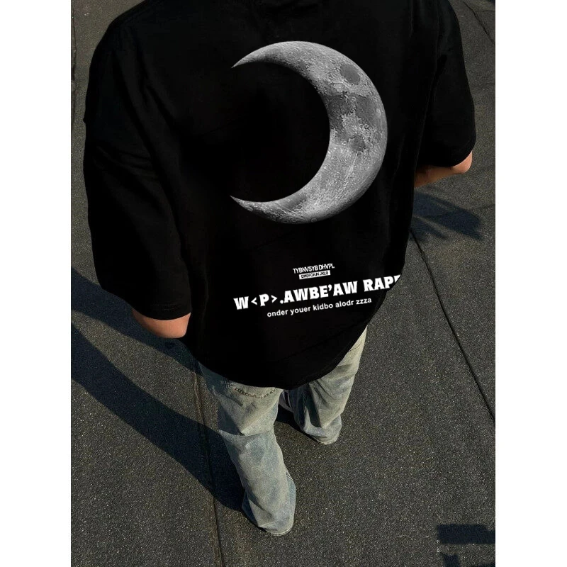 月亮印花重磅纯棉短袖t恤男款夏季潮牌美式高街痞帅宽松五分半袖