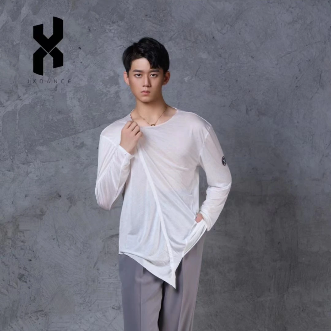 JX舞服 单件拉丁舞速干时尚休闲百搭男士宽松圆领长袖上衣 MJX148