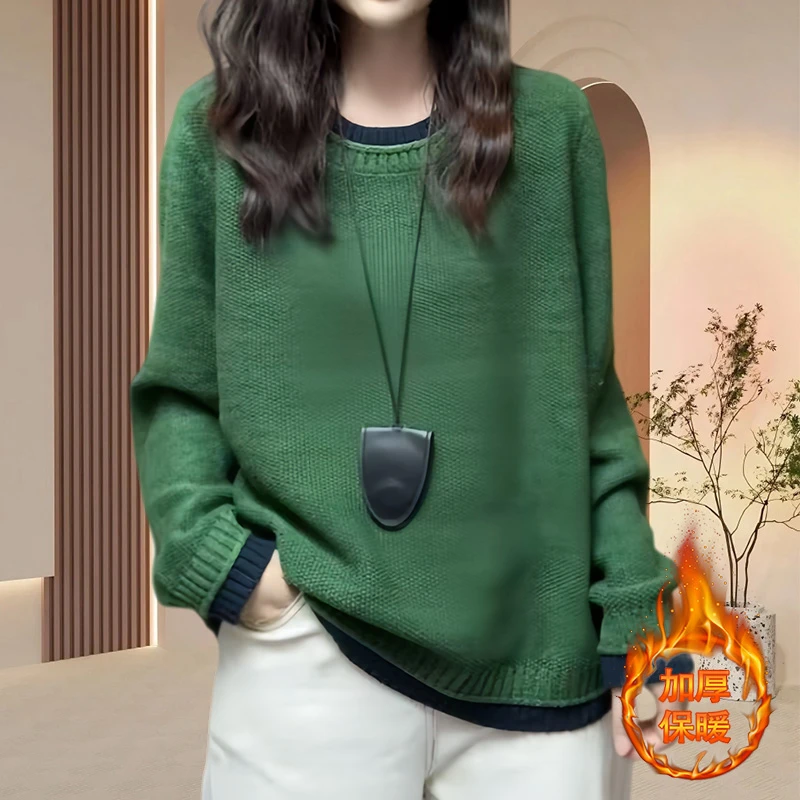 小众设计感圆领百搭针织上衣胖mm时尚洋气休闲风绿色上衣女秋冬款