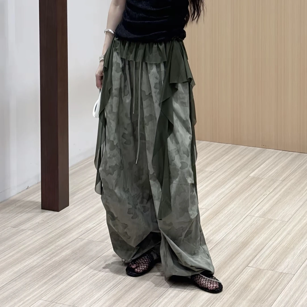 绿野仙踪～凉快舒服时尚范儿网纱拼接迷彩裤阔腿休闲裤