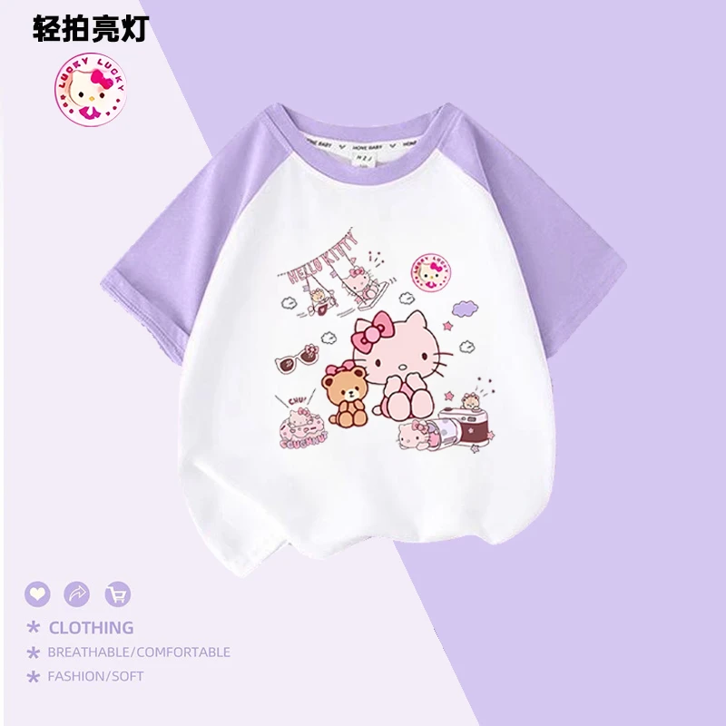 卡通凯蒂猫亮灯发光闪灯短袖T恤夏季儿童宽松印花圆领洋气半袖潮