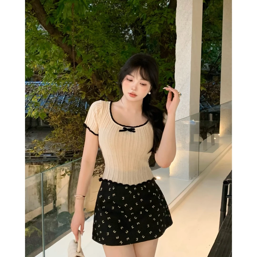 MengFairy清清【燕麦可可】撞色花边毛织上衣高腰春夏半裙4735 4746