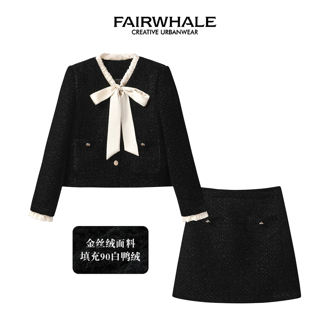 马克华菲女装冬蝴蝶结小香风羽绒服a字短裙两件套套装F44014A112