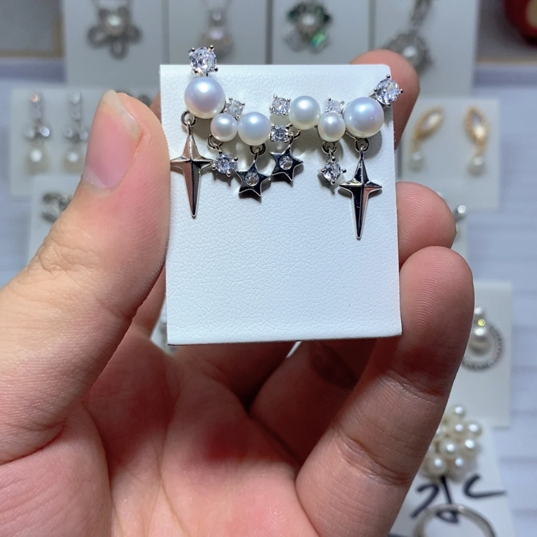 耳饰银S925镶嵌淡水珍珠