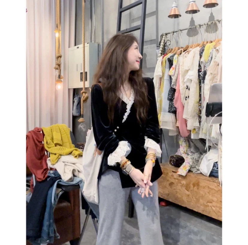 S50818768素拉那里  法式宫廷风设计感丝绒双层蕾丝花边衬衣衬衫