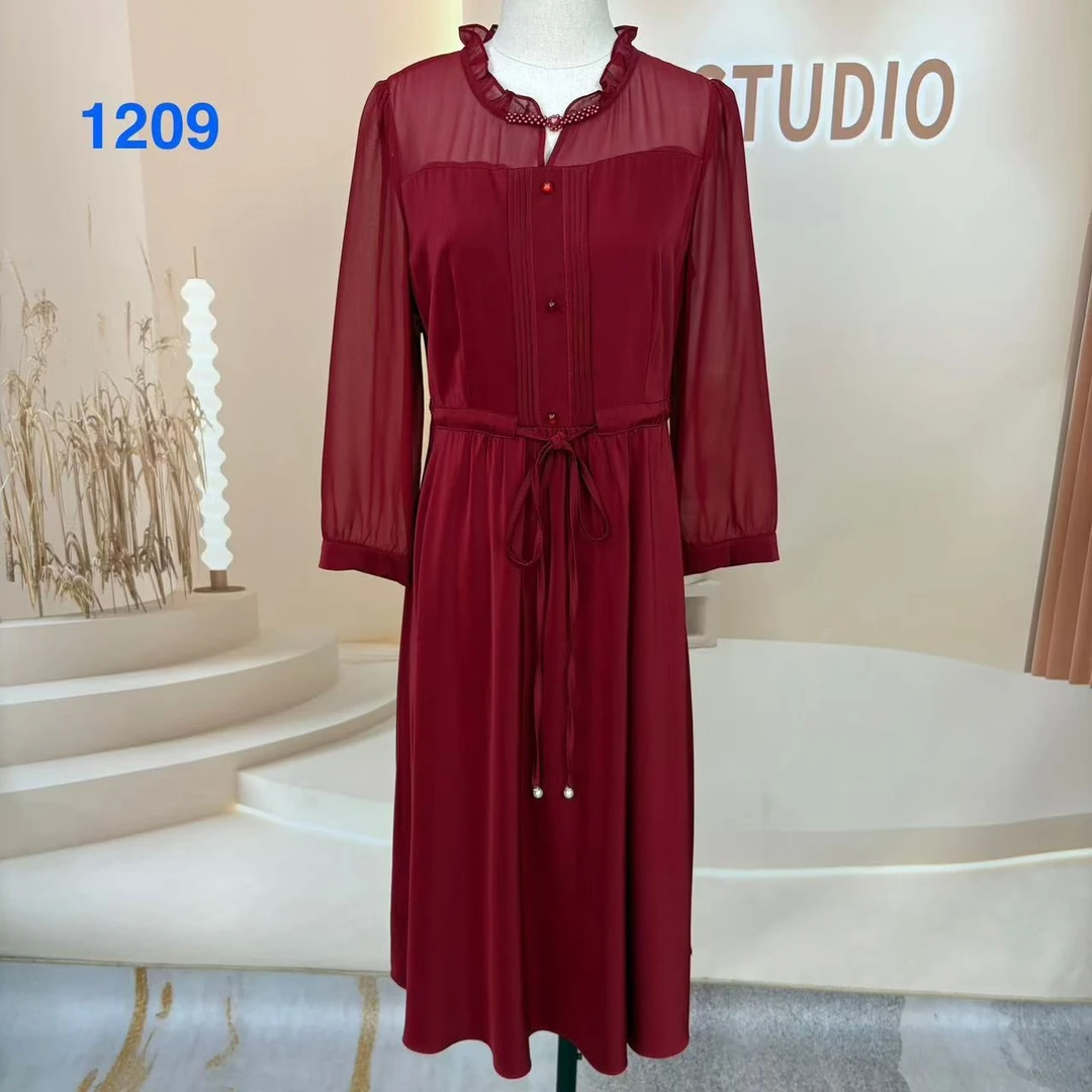 收腰荷叶裙7035女士优雅裙子气质显瘦长袖轻奢时尚百搭女装春季