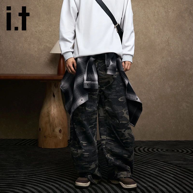 i.t izzue美式潮流迷彩休闲裤秋季男女同款宽松百搭阔腿工装裤子