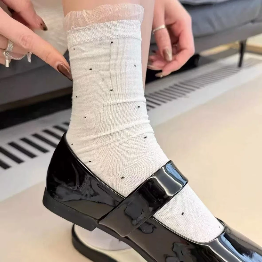 夏季薄款女孩点点芭蕾风堆堆miu白色圆点女袜子夏季薄款