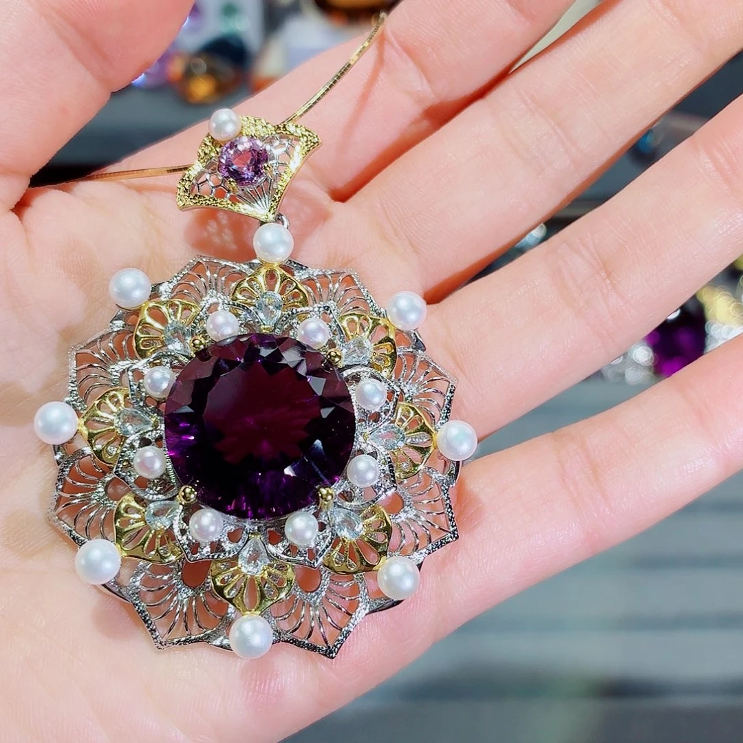 颈饰紫晶银S925镶嵌吊坠