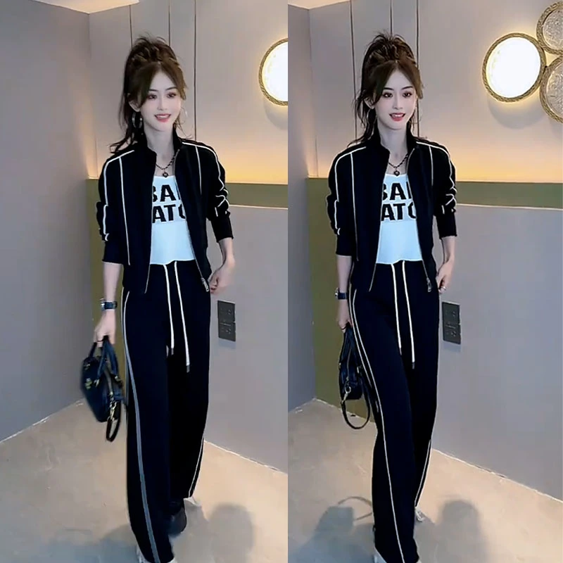 小个子时尚套装女秋季新款韩版休闲百搭长袖开衫背心休闲裤两件套