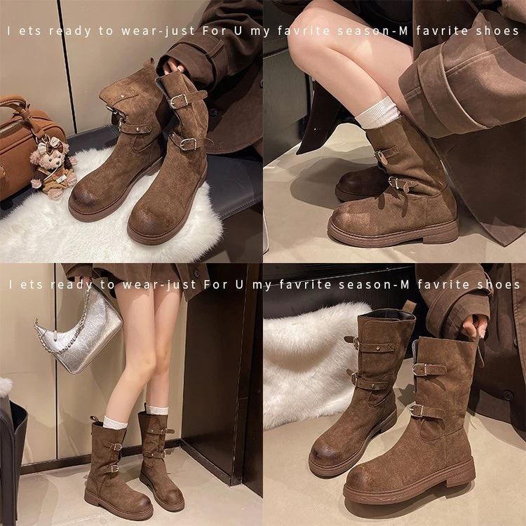 复古擦色皮带扣2025新款秋季显瘦短筒靴马丁靴机车靴西部牛仔靴女