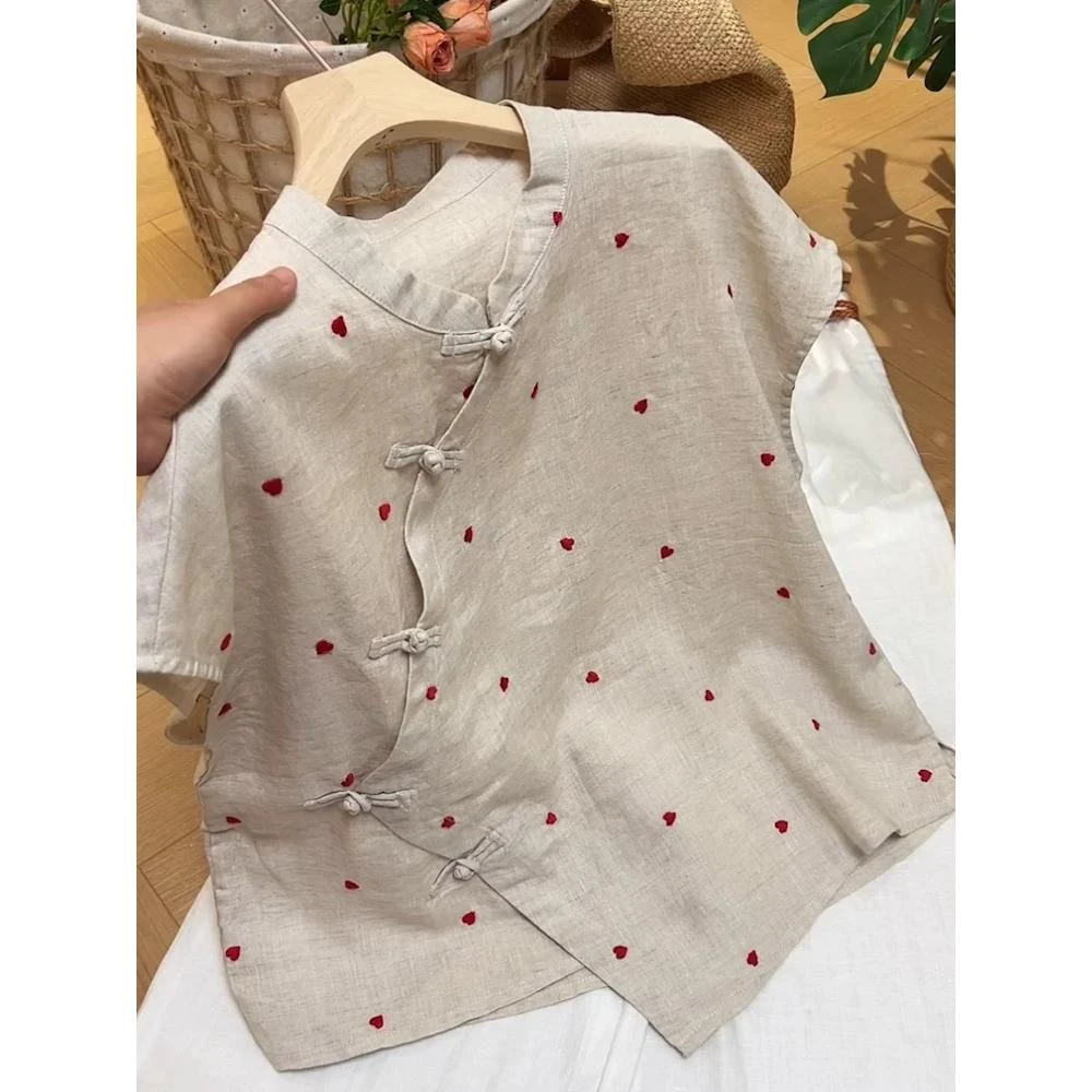 【爱心】纯亚麻斜襟国风衬衫夏季休闲中国风盘扣刺绣上衣