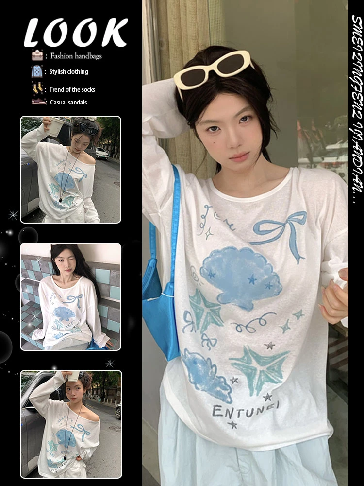 【人鱼旋律】雪花棉春秋季印花贝壳宽松长袖上衣慵懒风insT恤女