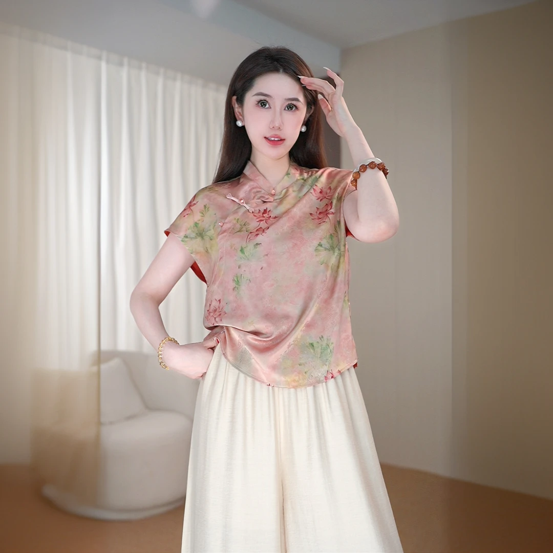 miu系大小姐新款莲花图案时尚精致优雅显瘦气质设计师半袖新中式