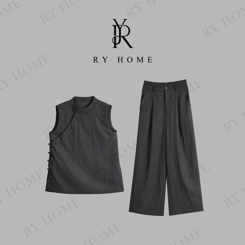 【容雨RYHOME】莱赛尔＋新中式复古斜襟马甲套装252ST1349