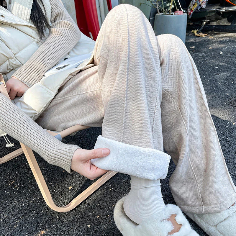 人字纹窄版阔腿裤女秋冬2025新款高腰加绒毛呢裤垂感羊毛直筒裤子