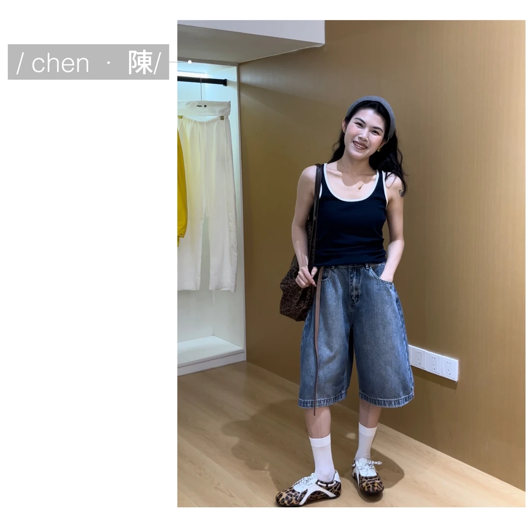 chen·陳【五分裤】复古阔腿牛仔中裤（配皮带）