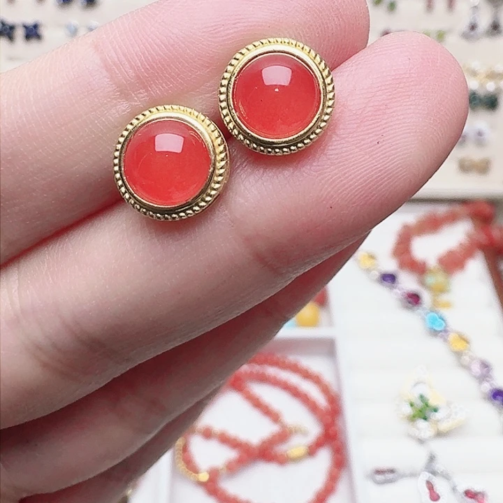 南红玛瑙耳饰银S925镶嵌耳钉926