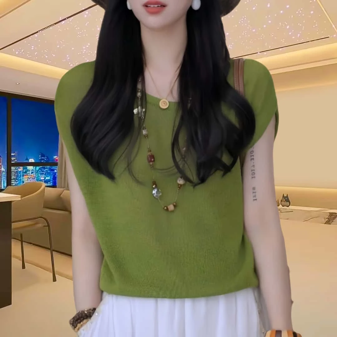 显瘦上衣洋气减龄遮肉纯色短袖针织衫2025新款时尚圆领高级T恤
