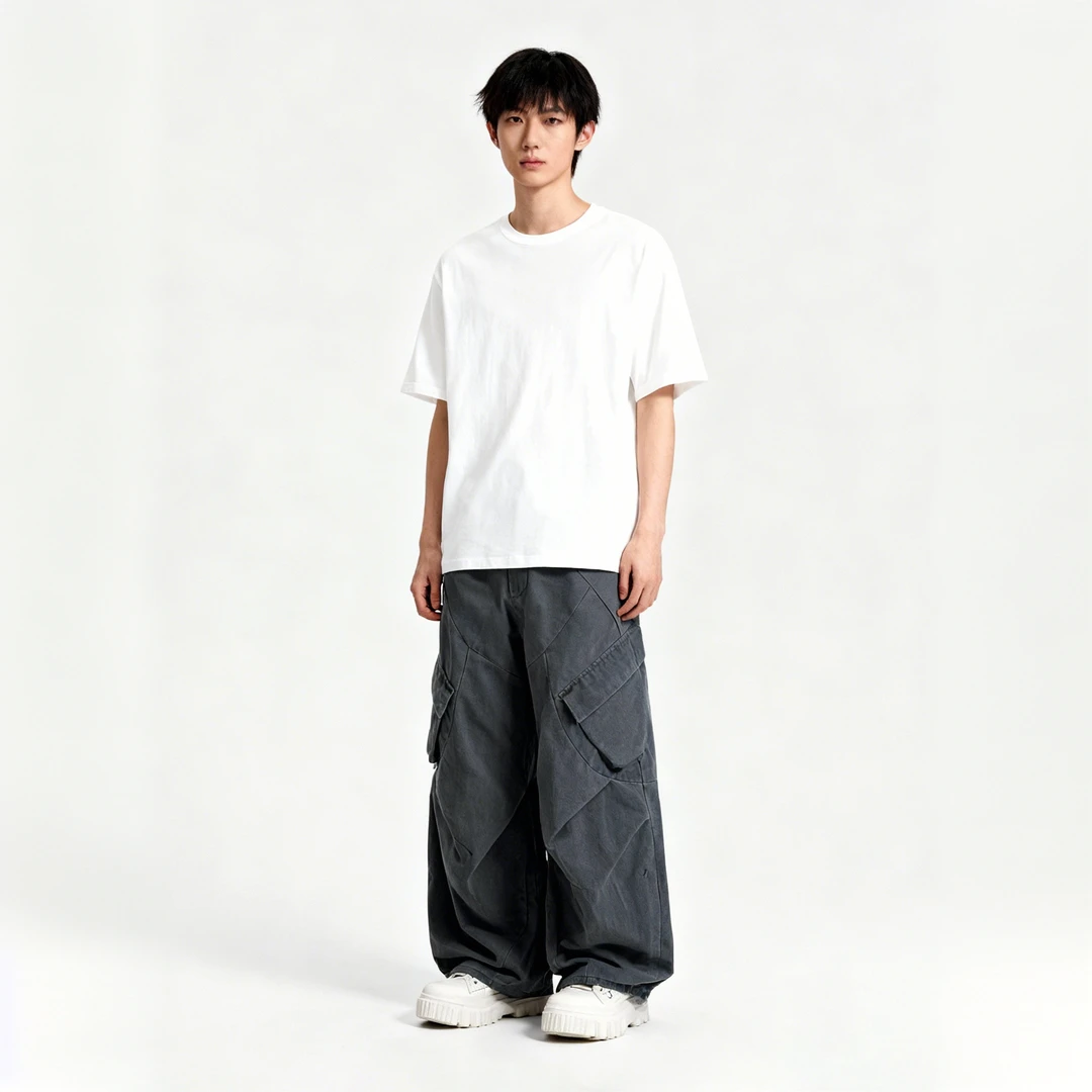 美式复古宽松街头运动风阔脚休闲裤日系嘻哈纯色口袋工装长裤男女