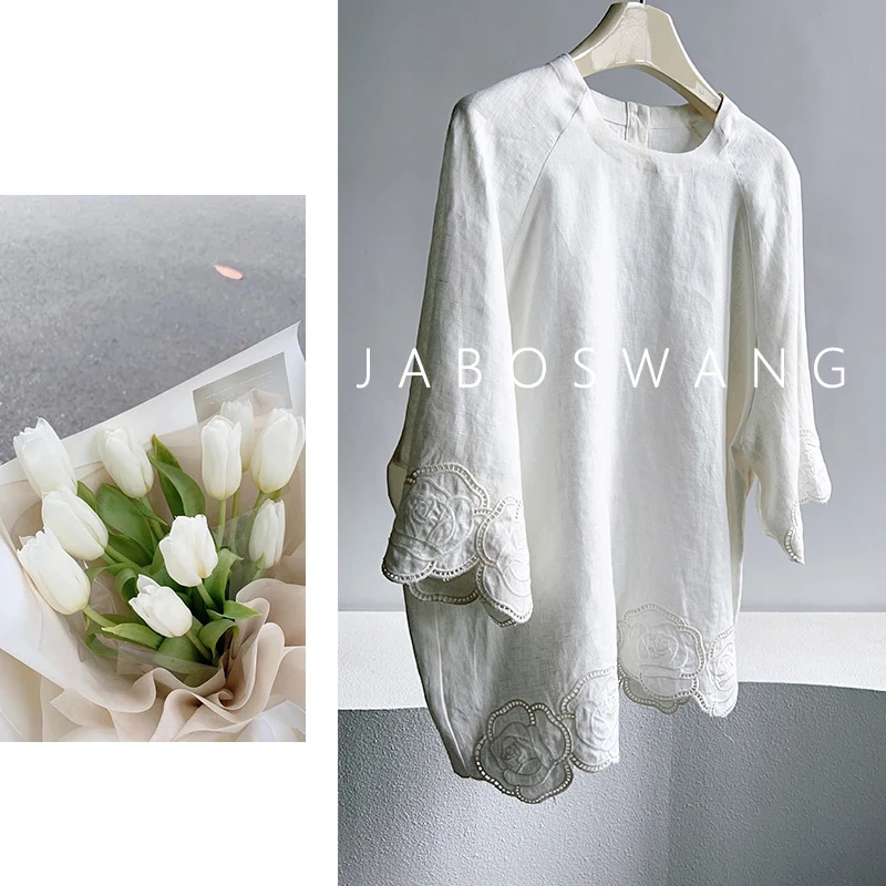 S1155白玫瑰上衣2025夏季新款时尚百搭圆领刺绣衬衫蕾丝拼接