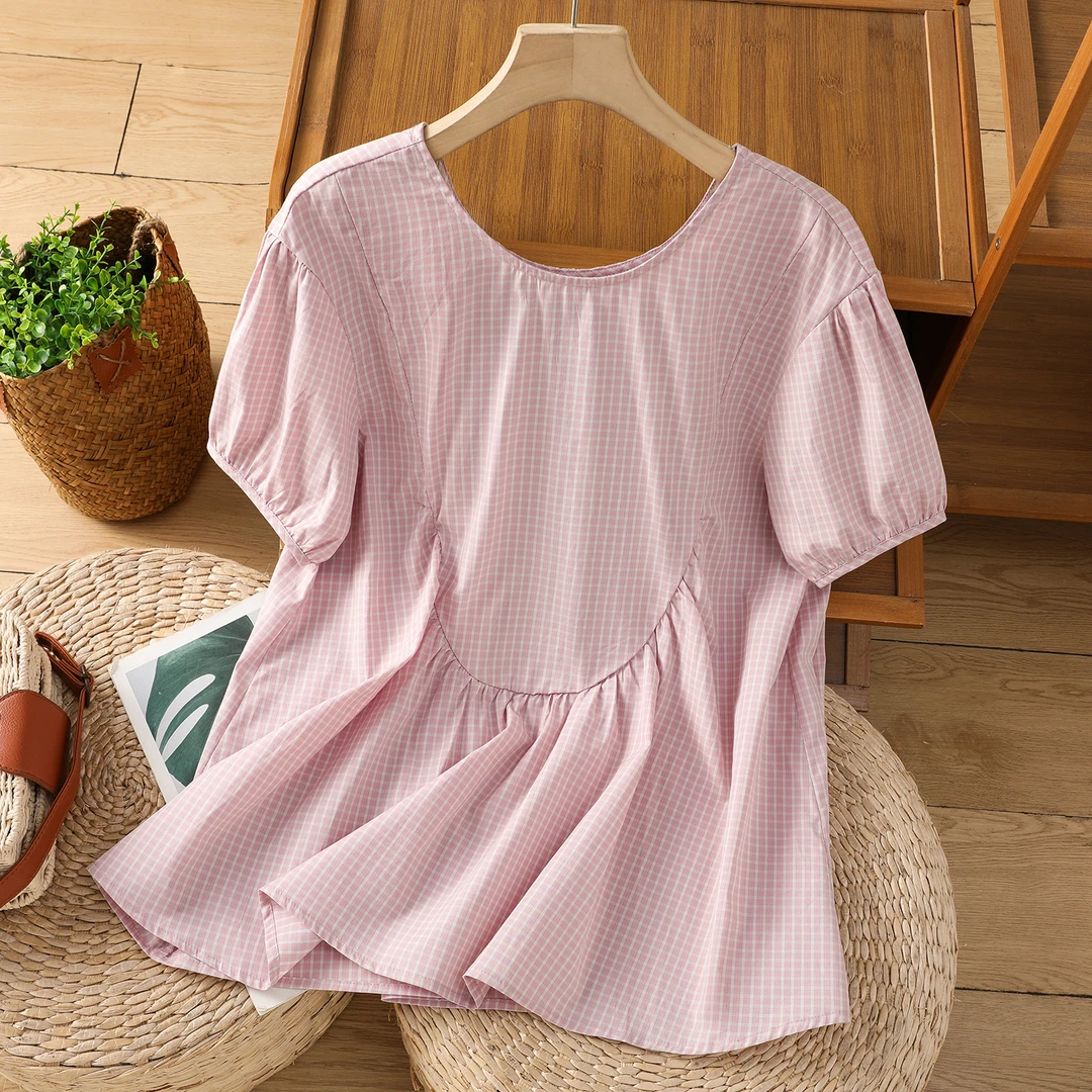 2025夏季新款少女感粉格纹短袖棉麻娃娃衬衫女式显瘦减龄宽松上衣