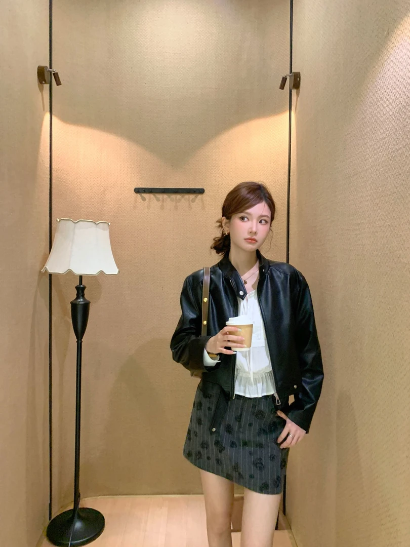 【芝士Cheese】黑曜街区 短款直筒长袖圆领标准秋季夹克极简皮衣