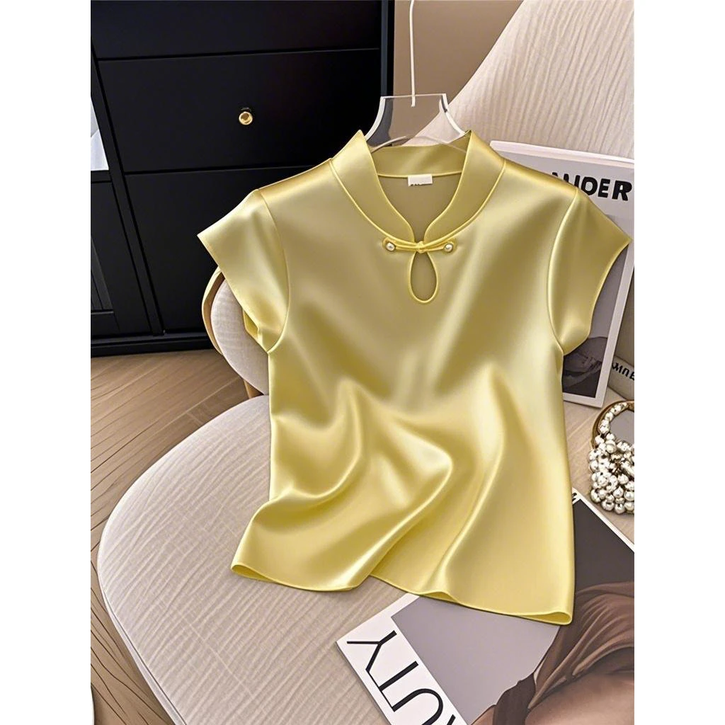 新中式盘扣镂空短袖T恤女夏季新款小众设计感独特国风立领打底衫