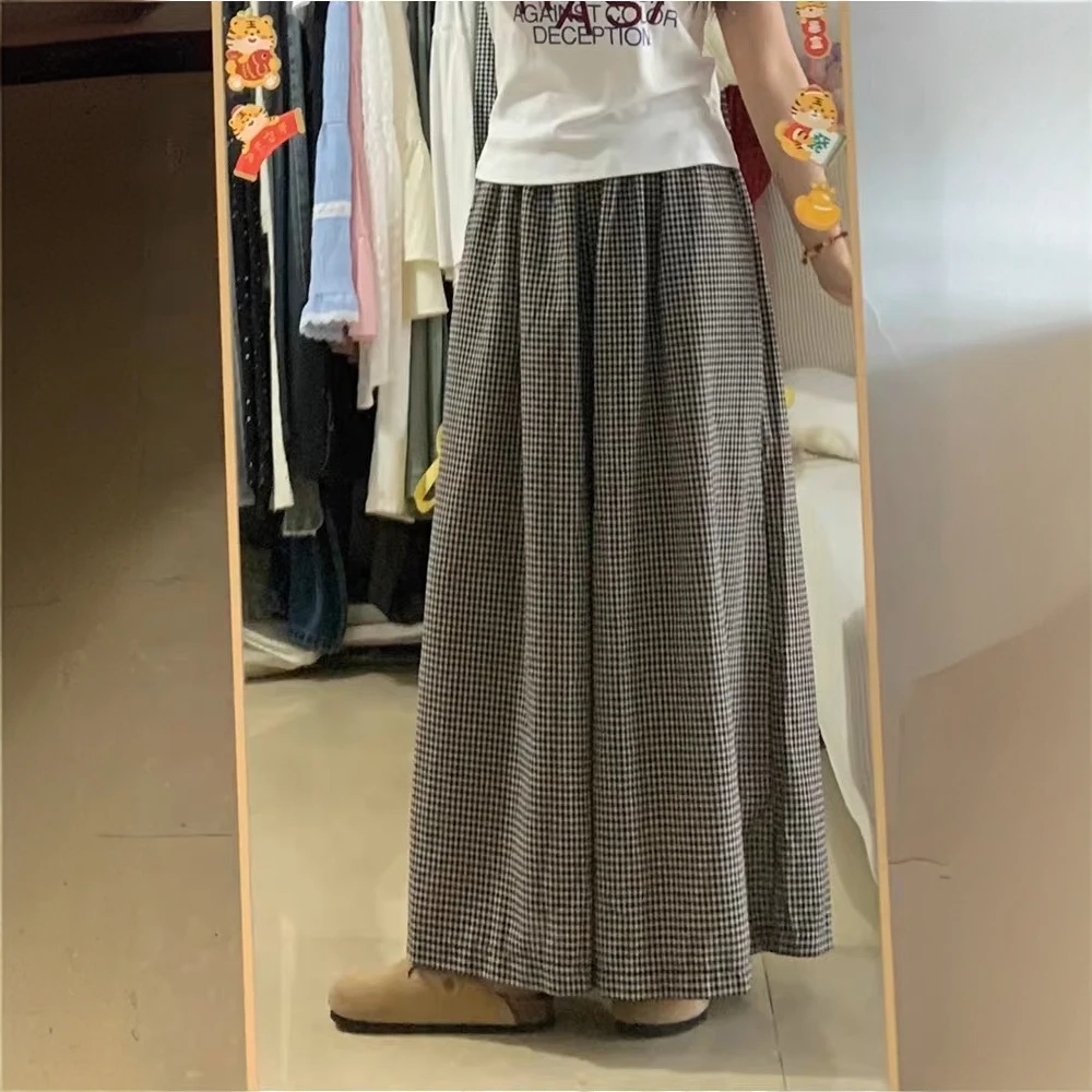 韩版慵懒风格子裙裤女2025夏季薄款高腰宽松显瘦休闲阔腿九分裤子