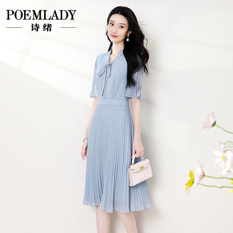 诗绪法式飘带领蓝色雪纺连衣裙女2025新款夏季收腰百褶a字裙66382