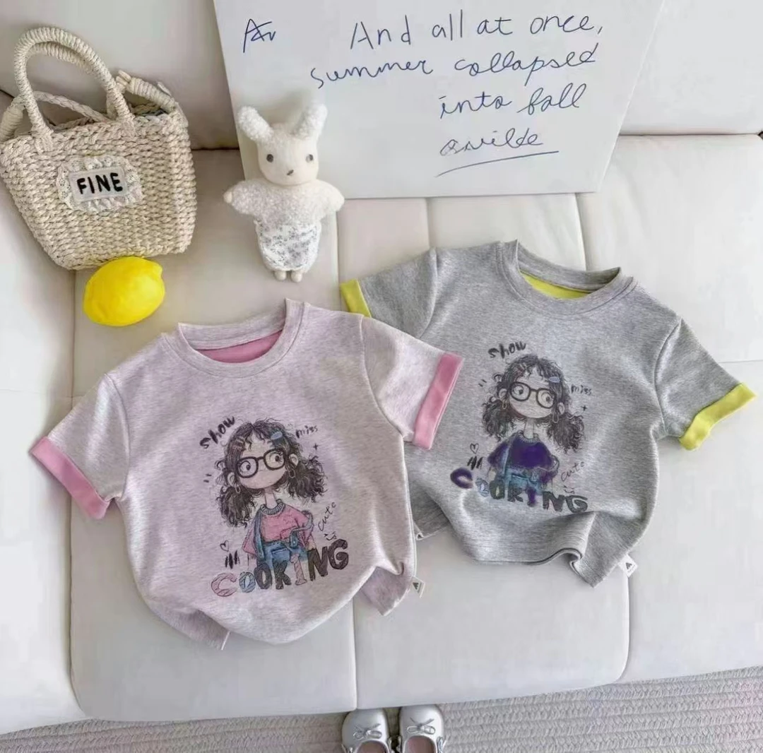 【亲子装】夏季新款潮流女童中大儿童时尚短袖卡通休闲百搭T恤上衣