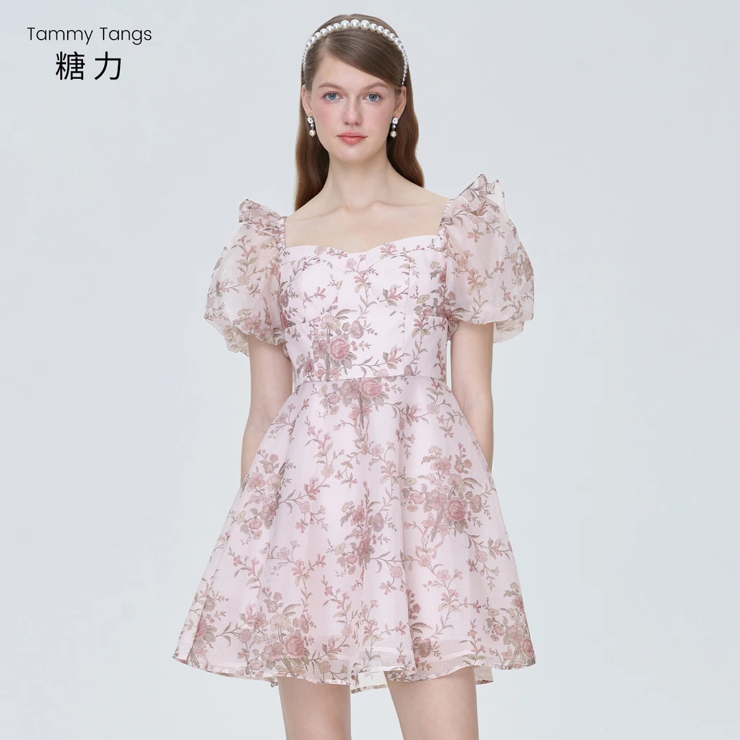 【商场同款】糖力夏季泡泡短袖X型显瘦芍药纱质印花连衣裙
