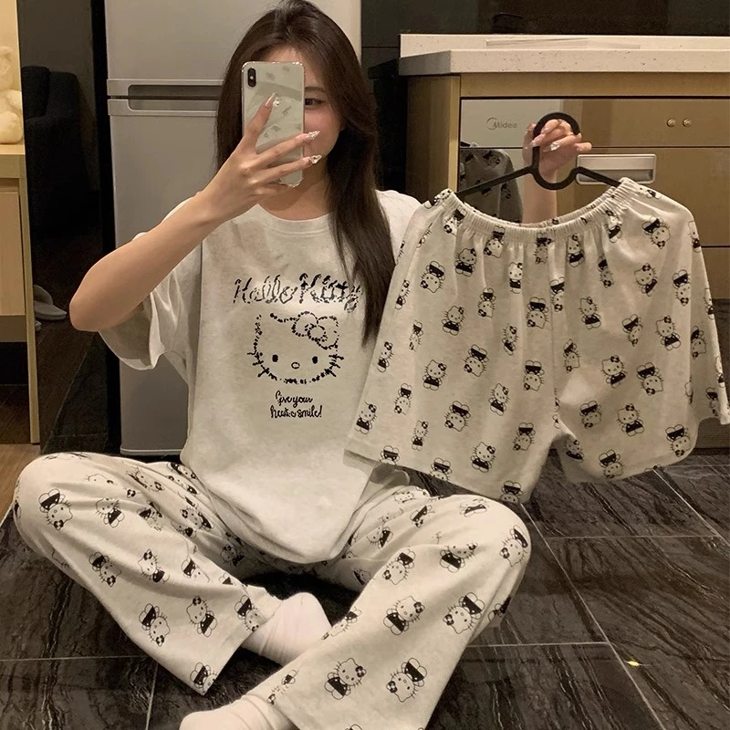 2025年女大学生睡衣女款夏季三件套装纯棉薄款KT猫短袖长裤家居服