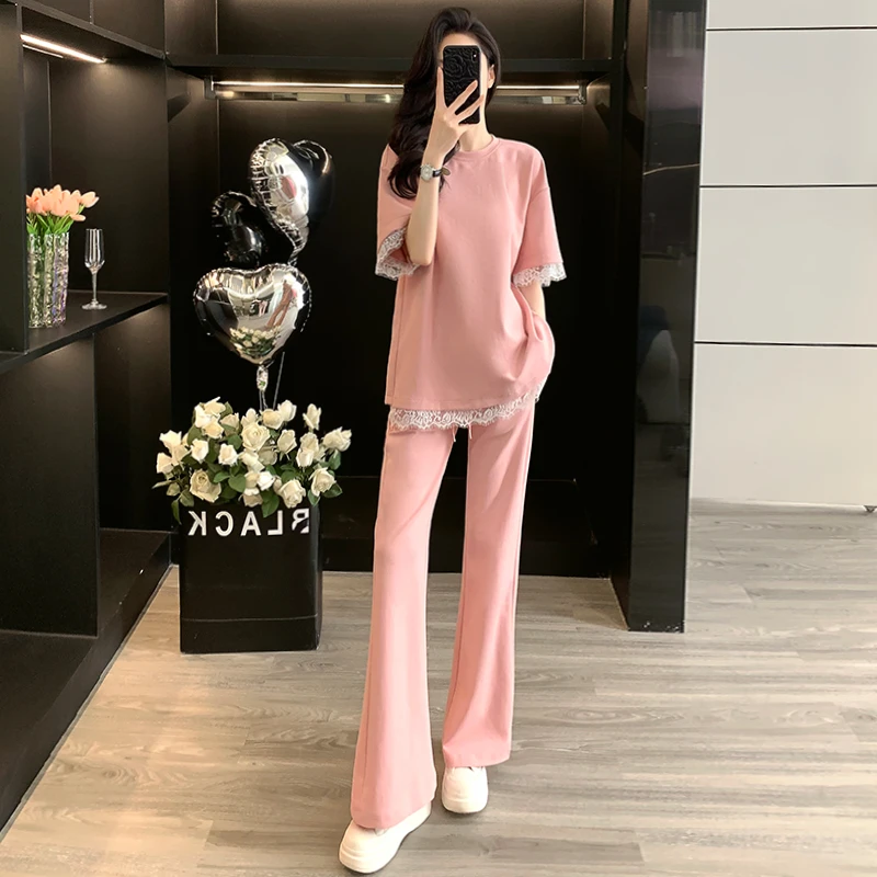 洋气粉色休闲运动套装女夏流行拼接蕾丝显瘦短袖T恤阔腿裤两件套