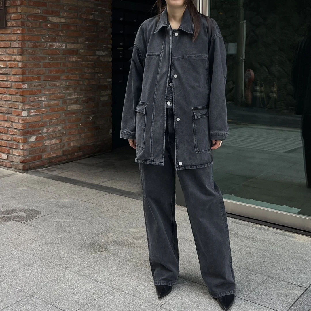 2024秋季新款韩版翻领中长款口袋牛仔外套