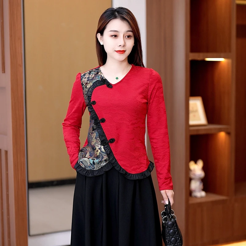 2025新中式国风设计感提花加绒气质显瘦打底衫新年复古盘扣妈妈装